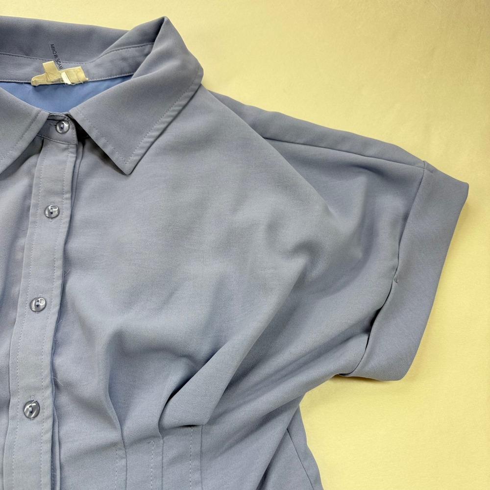 Entro Periwinkle Blue Button Down Pintuck Waist Mini Shirt Dress Short Sleeve L - Picture 14 of 16